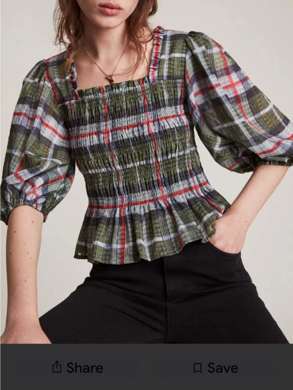 All Saints Olive Green Plaid Smocked Peplum Top